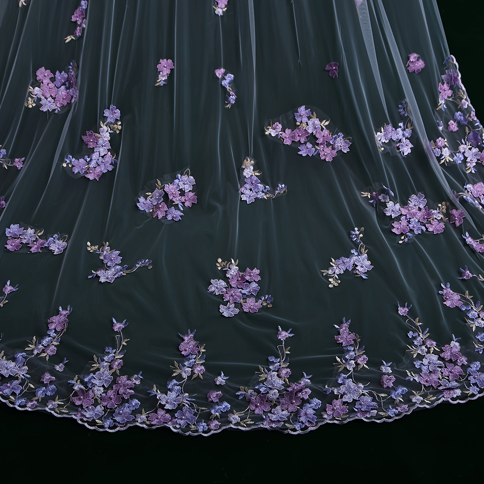 Velo de novia de nylon con encaje floral morado, accesorio de boda de un solo piso