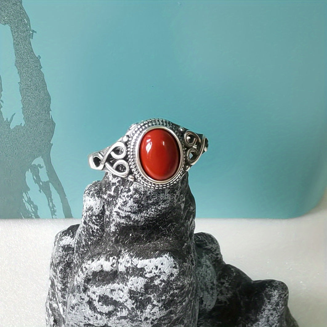 Women's Ring Retro Ethnic Style Silver Inlay Red Coral Stone Gift