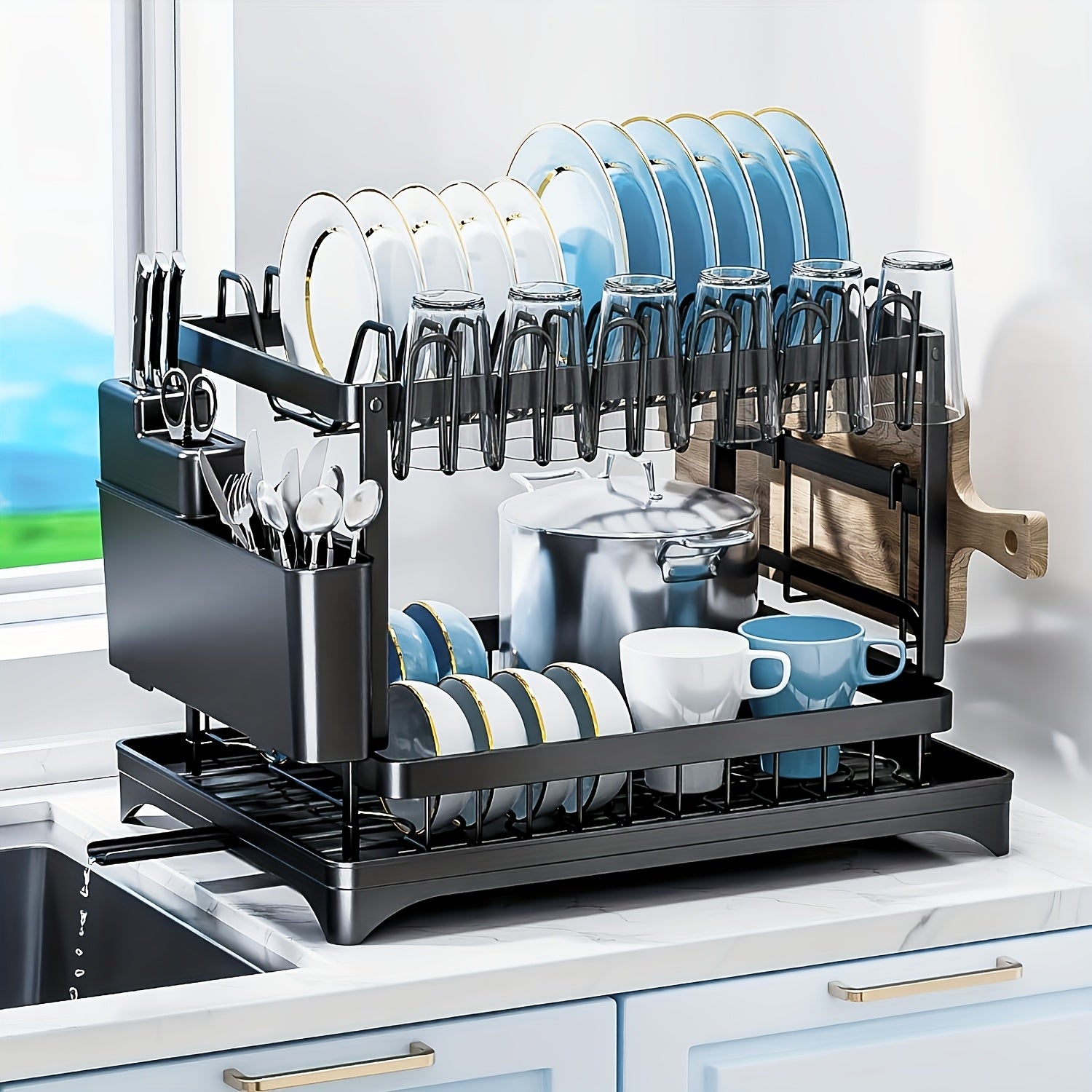 Multifunctional Carbon Steel Kitchen Organizer for Bowls Plates and Utensils with Drainage Board