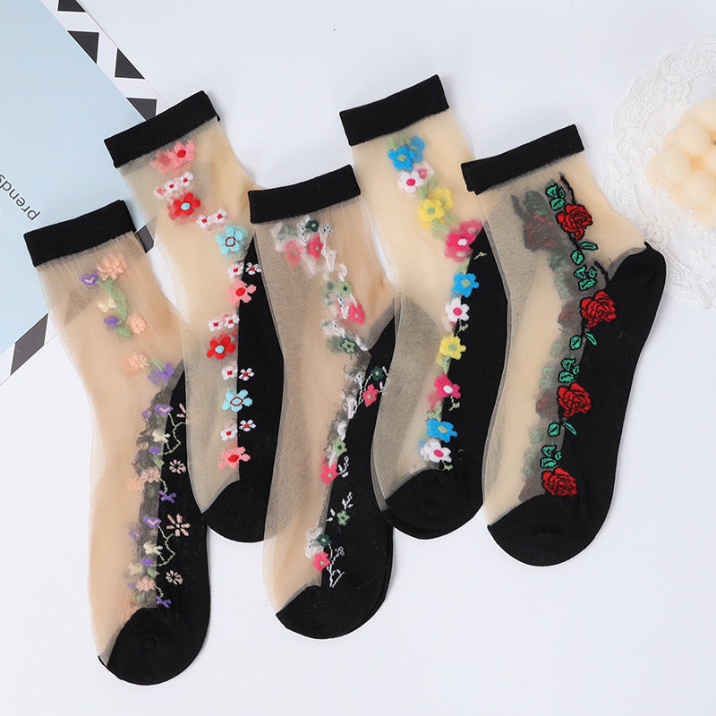 Women's Mesh Short Socks 5 Pairs Floral Pattern Breathable Lightweight Black Multicolor