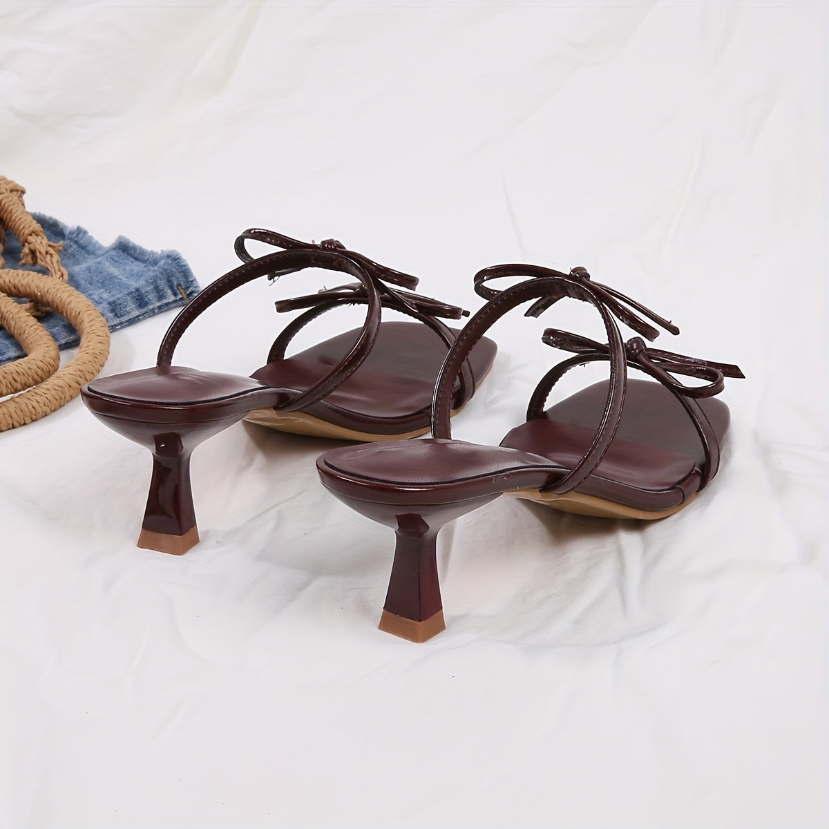 Burgundy Open Toe Kitten Heel Pumps with Bow Detail and Slip-On Style