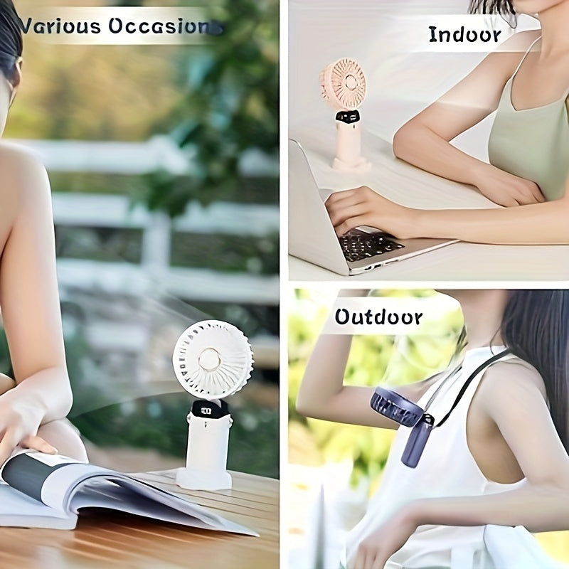 Rechargeable Mini Fan with 5 Speeds, Digital Display, 90° Adjustable, Portable Handheld Neck Hanging Fan for Home Outdoor Office Camping Travel