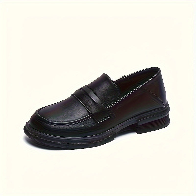 Women's Black Penny Loafers Leather-Style Round Toe All-Season Slip-On