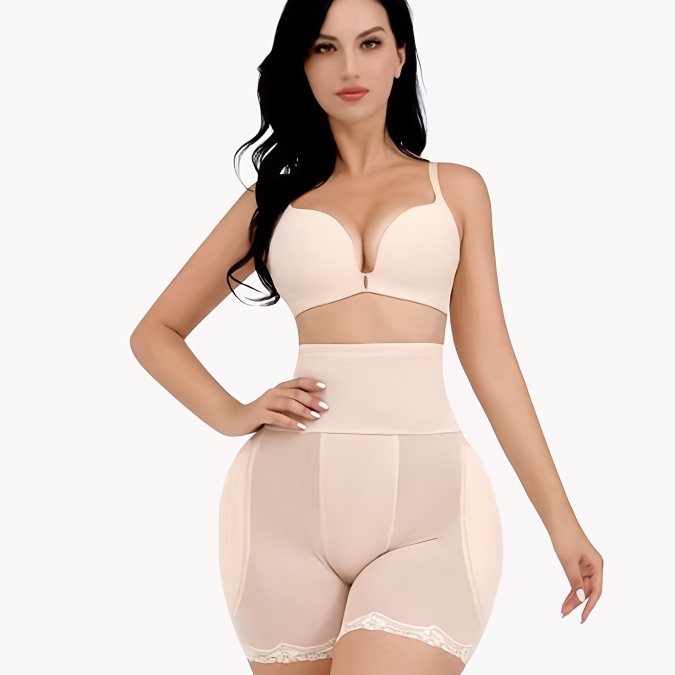 Beige High-Waist Shaping Shorts for Tummy Control and Thigh Slimming with Mesh Detailing