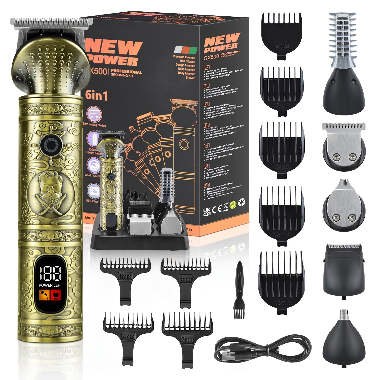 Мужской набор для ухода за 6 в 1 Электрическая машинка для стрижки USB-зарядка ЖК-дисплей Перезаряжаемый литий-ионный аккумулятор Стайлинг Бритьё