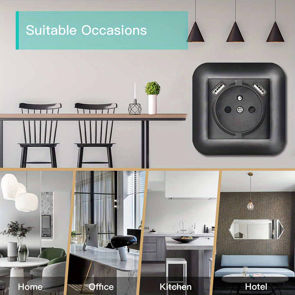 16A devor rozetkasi USB va Type-C port bilan, yong‘in oldini oluvchi panel, qora, oq, kulrang