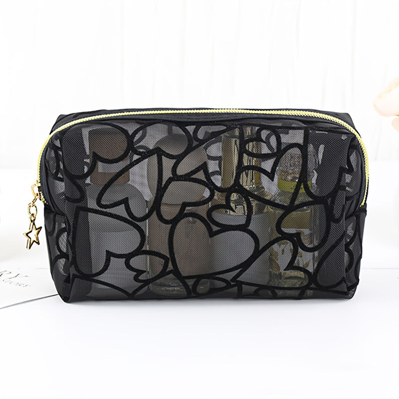 Путешествуйте стильно с этой портативной сумкой для макияжа из сетчатого материала большого объема черного цвета.