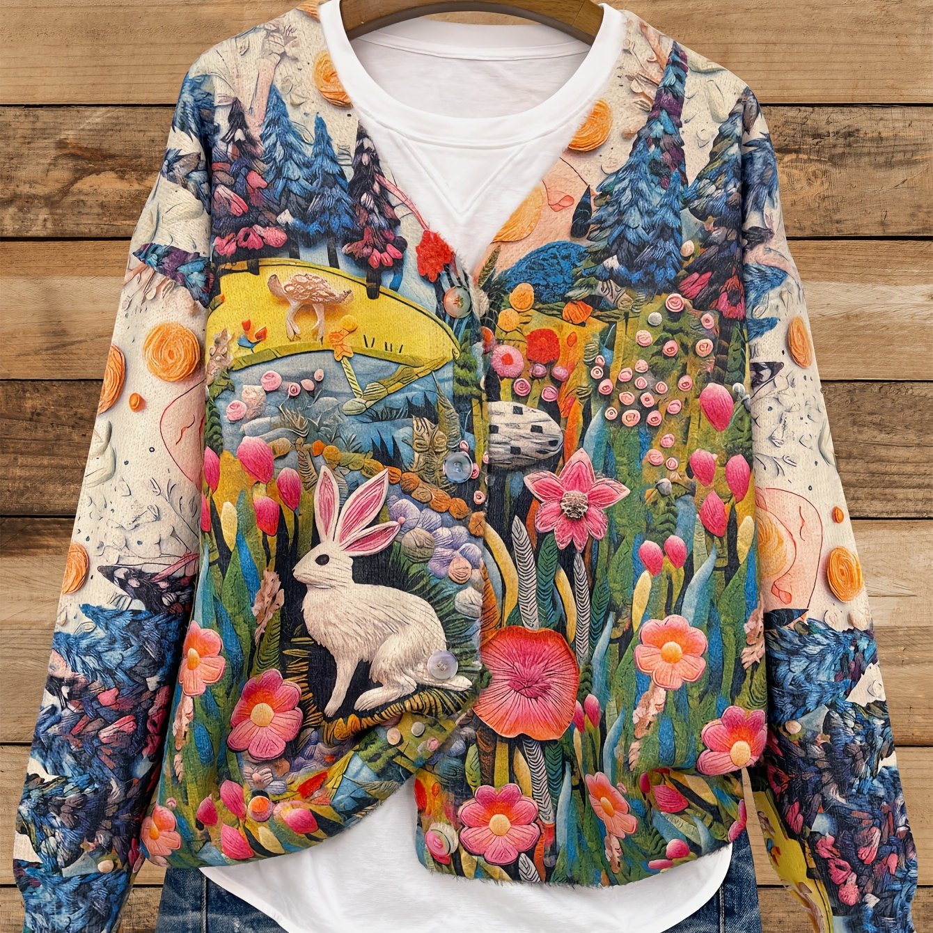 Plus Size Knitted Effect Cardigan with Rabbit Design V-Neck Long Sleeve