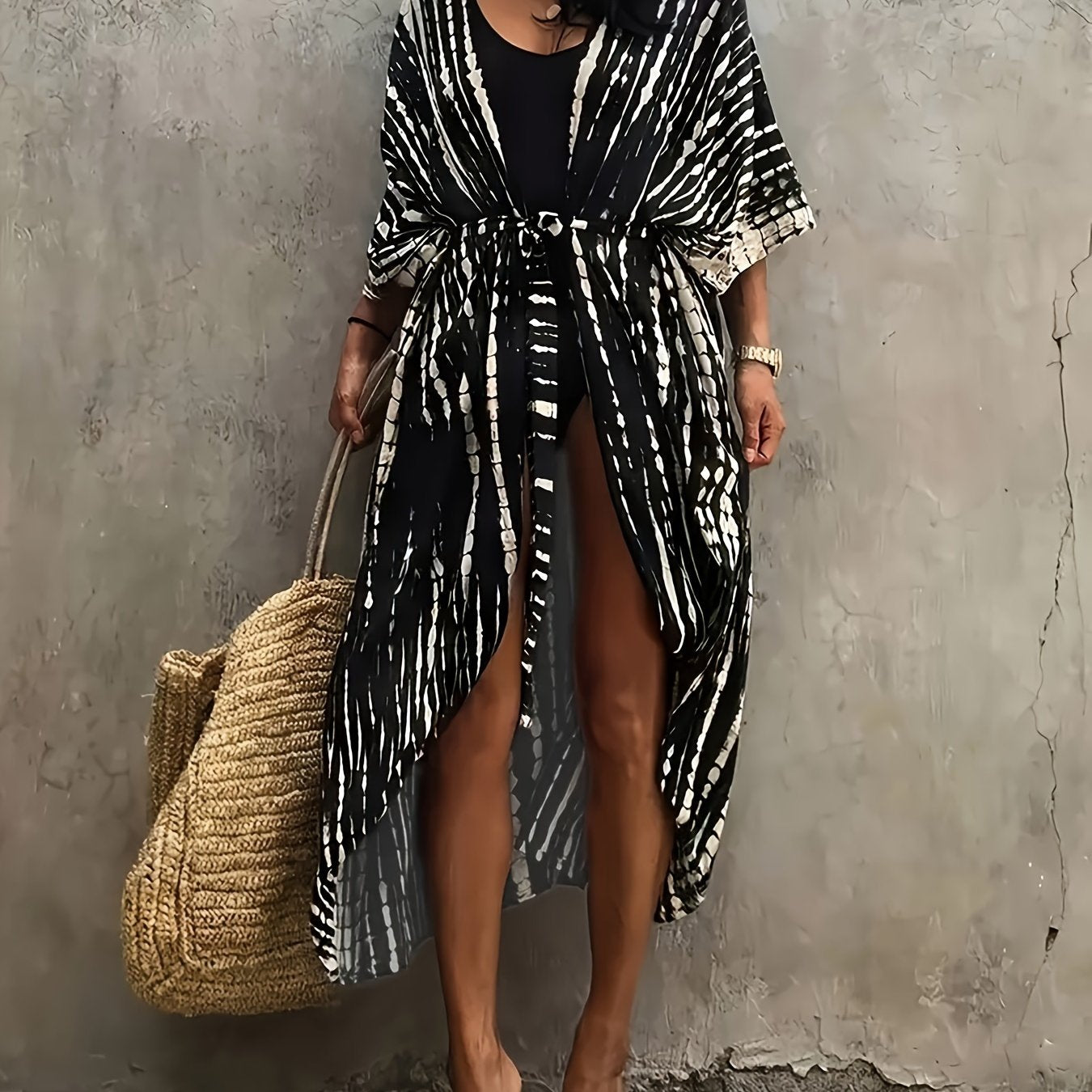 Kimono de talla grande estilo boho para mujer con cinturón de rayas para verano, ropa de playa y trajes de baño