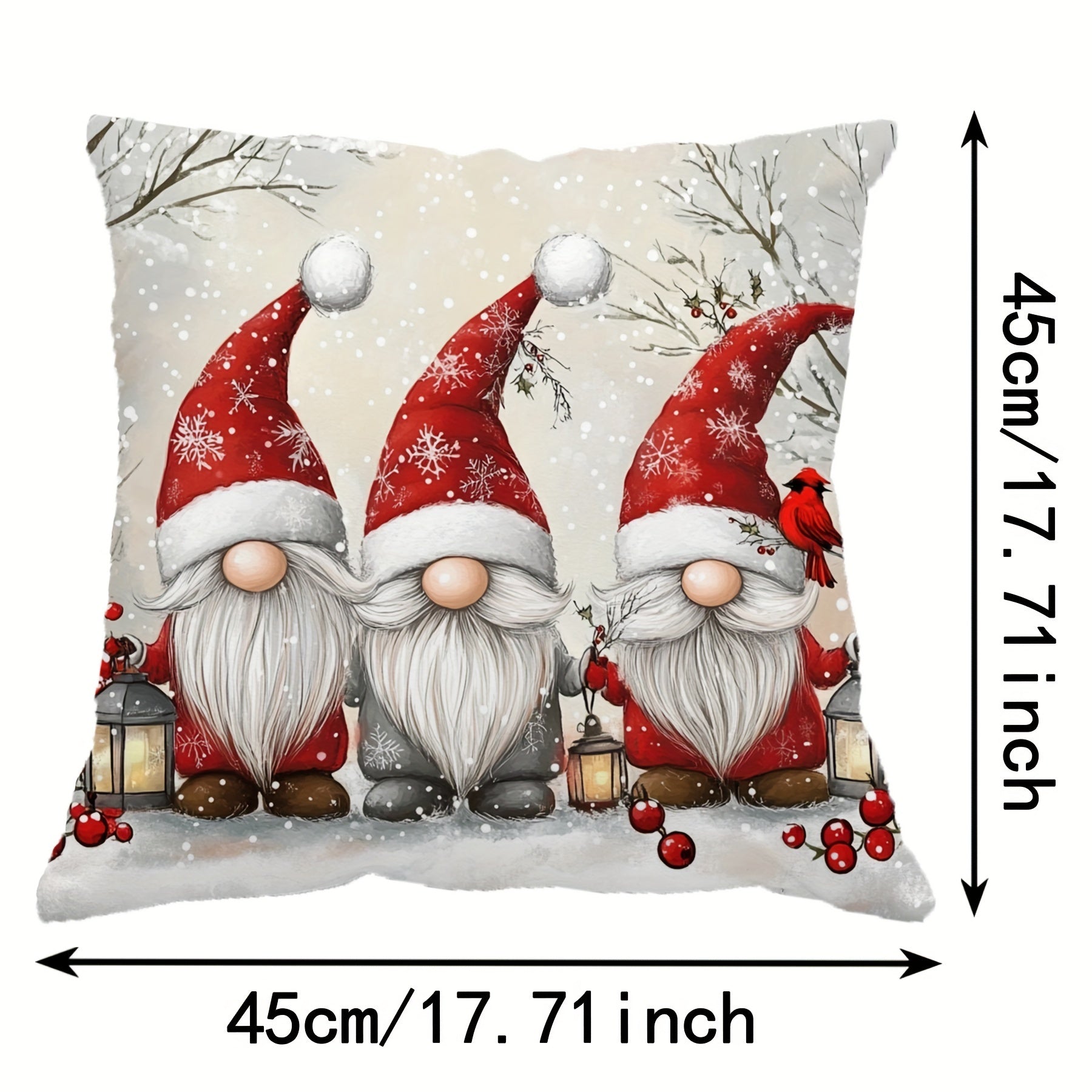 Christmas Gnome Pillowcase Soft Polyester 44.96cm x 44.96cm Snowy Landscape Red Berries Decor