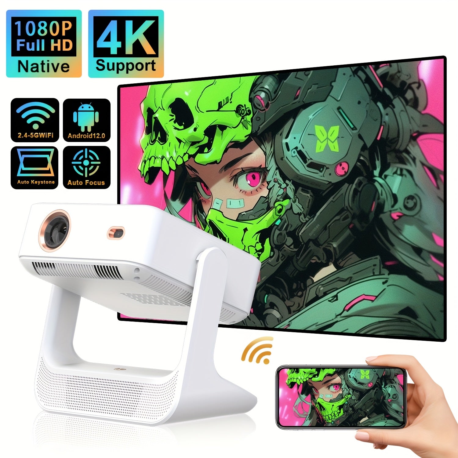 HD Video Projector 4K Support, Android 12, WiFi 6, 8-Inch Touch Screen