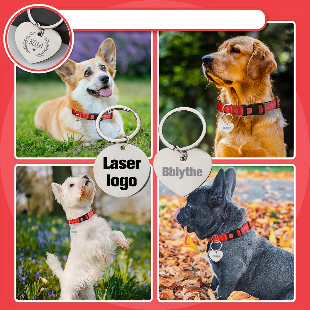 Set of 10 Double-Sided Stainless Steel Laser-Engraved Keychains with Dog Name and Info