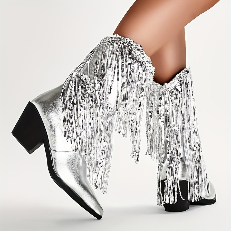 Женские серебряные сапоги с пайетками до середины икры и бахромой