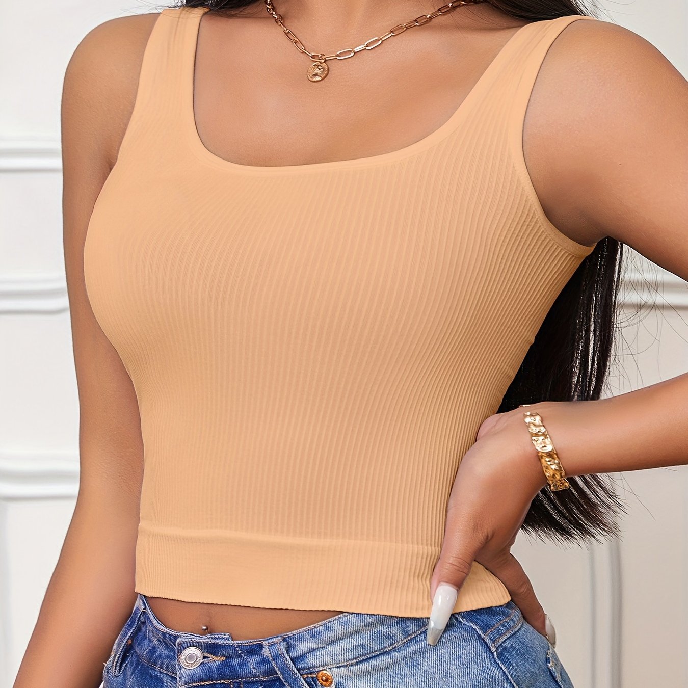 Women's Ribbed Tank Top with High Elasticity Solid Color Slim Fit Sleeveless Vest