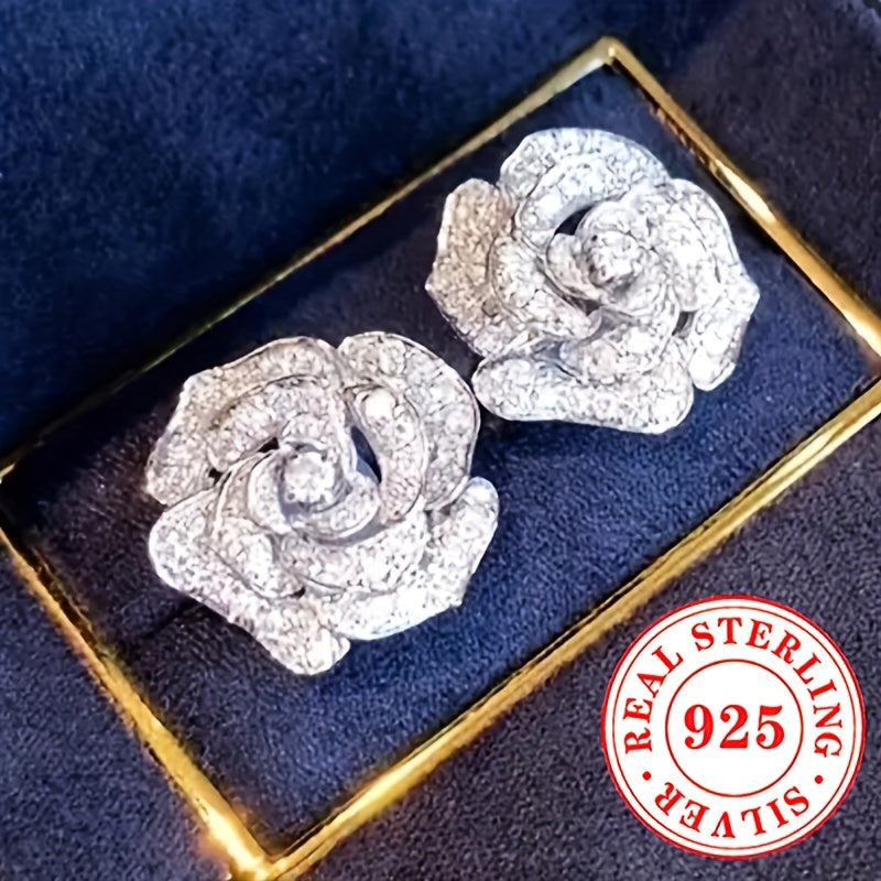 Sterling Silver Rose Flower Stud Earrings with Synthetic Zirconia