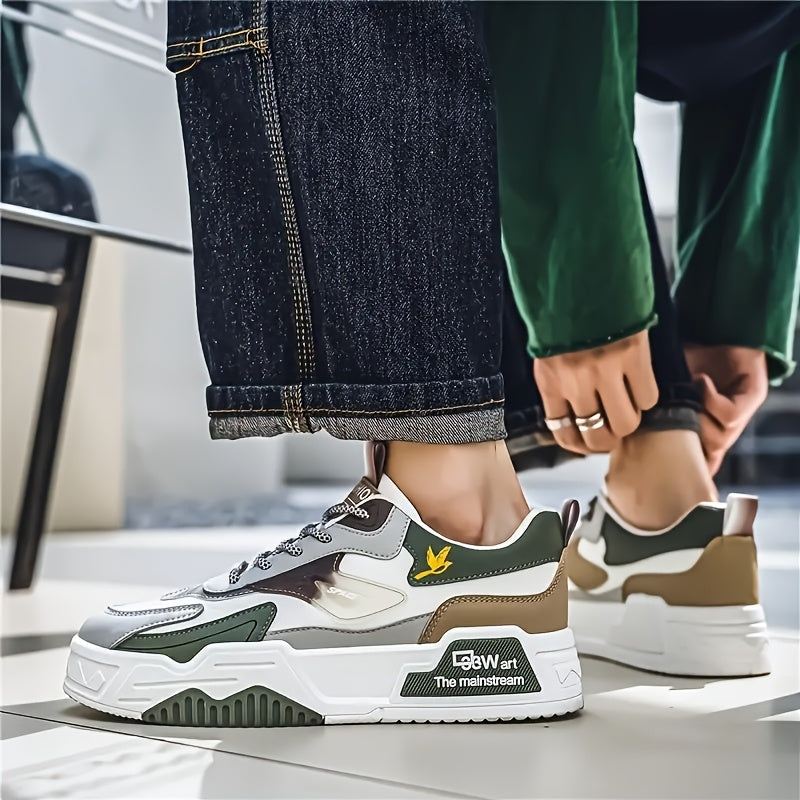 Men's Casual Sneakers with Thick Soles, Lace-Up, All-Season, Low Top, PU Upper