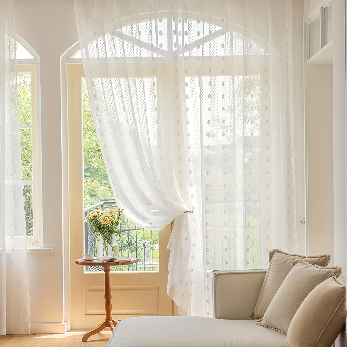 French Pastoral White Gauze Curtain 1 Piece for Bay Window Living Room Bedroom