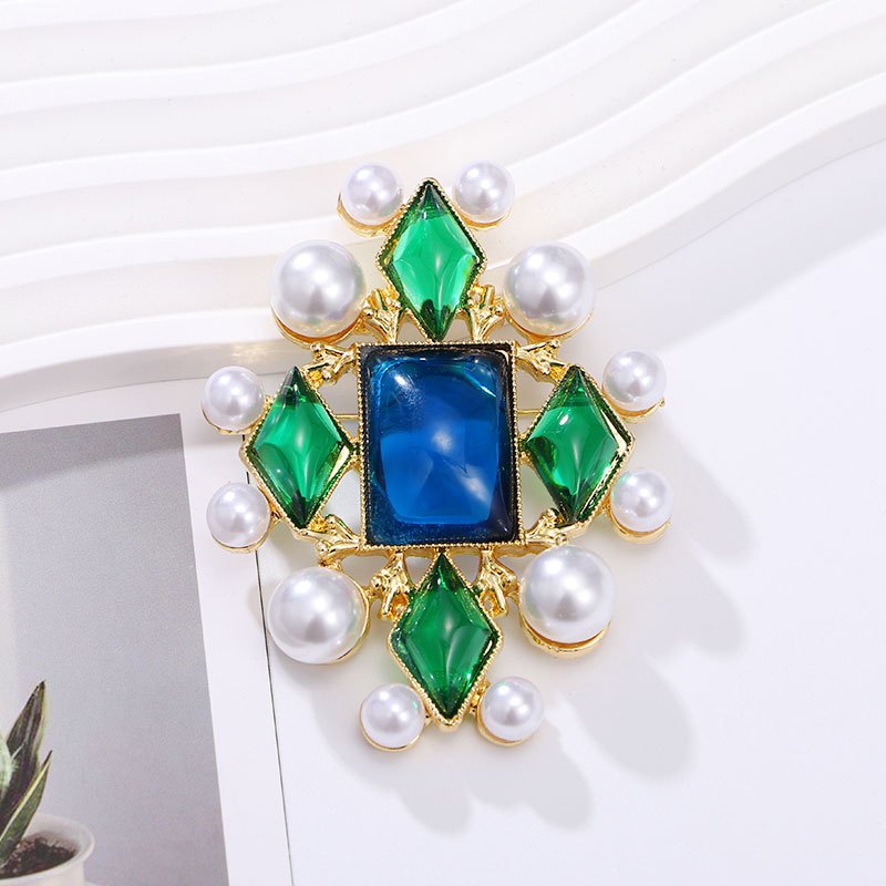 Vintage Baroque Style Brooch with Rhinestones Faux Pearls and Crystals