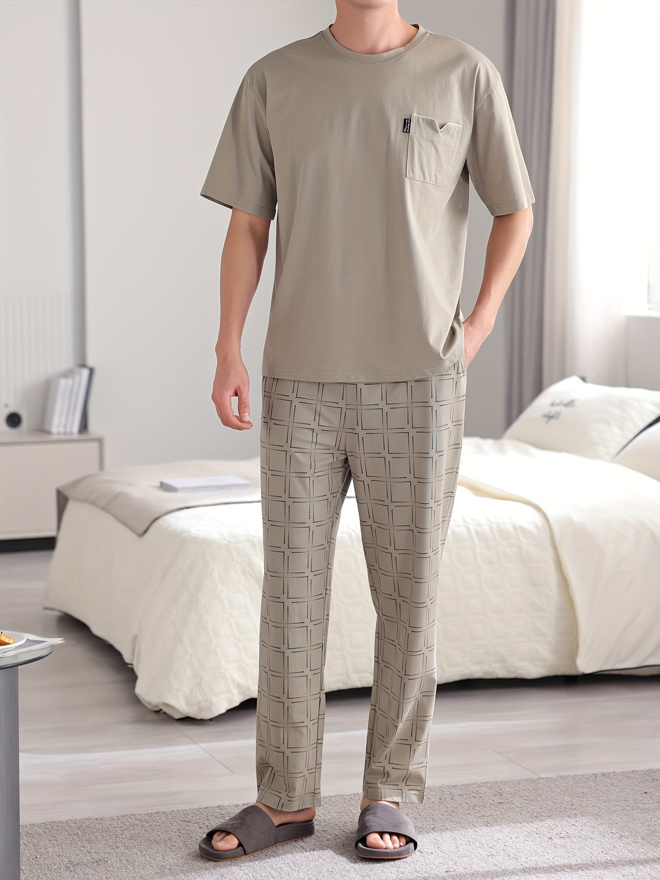 Conjunto de pijama de algodón de talla grande para hombre, manga corta, estampado geométrico, ropa de descanso