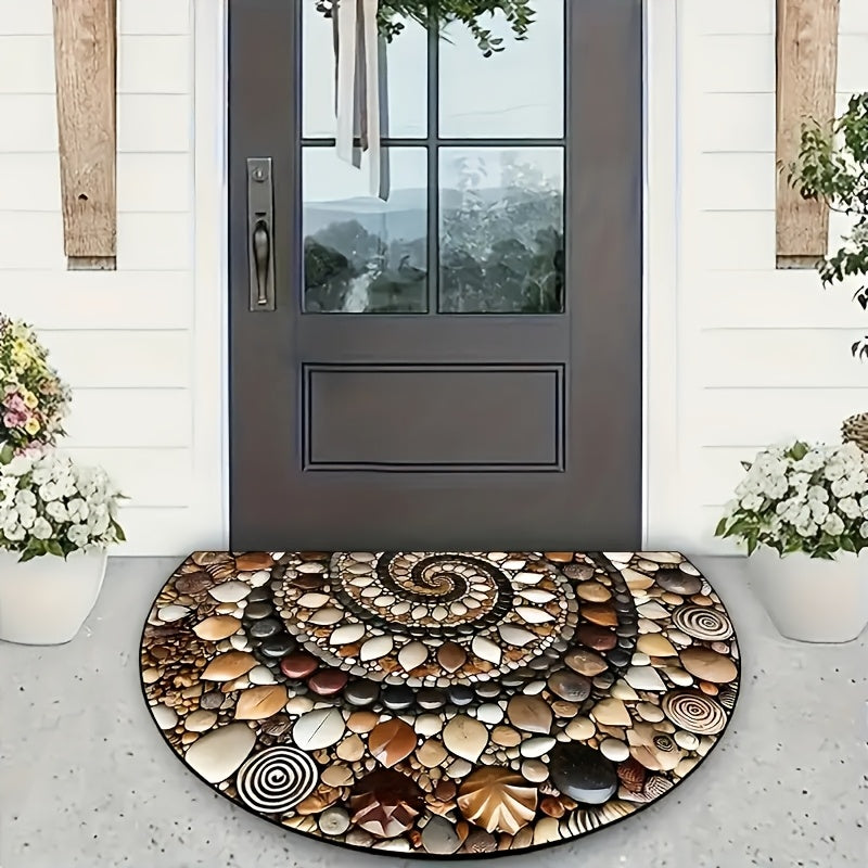 Semicircular Pebble and Floral Welcome Mat Non-Slip Stain Resistant Indoor Outdoor