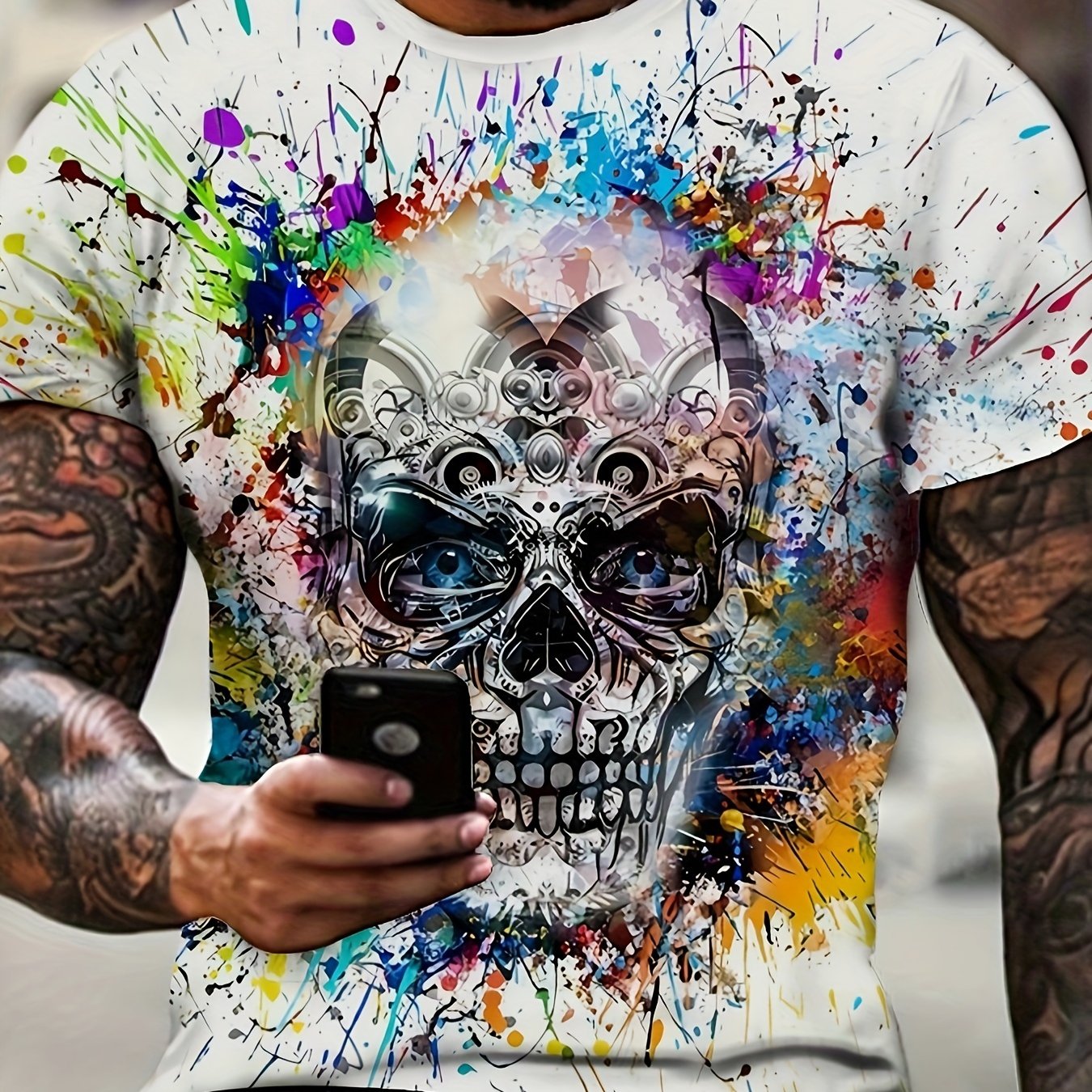 Men's 3D Skull Print T-Shirt Casual Quick-Dry Polyester for Running Hiking Camping