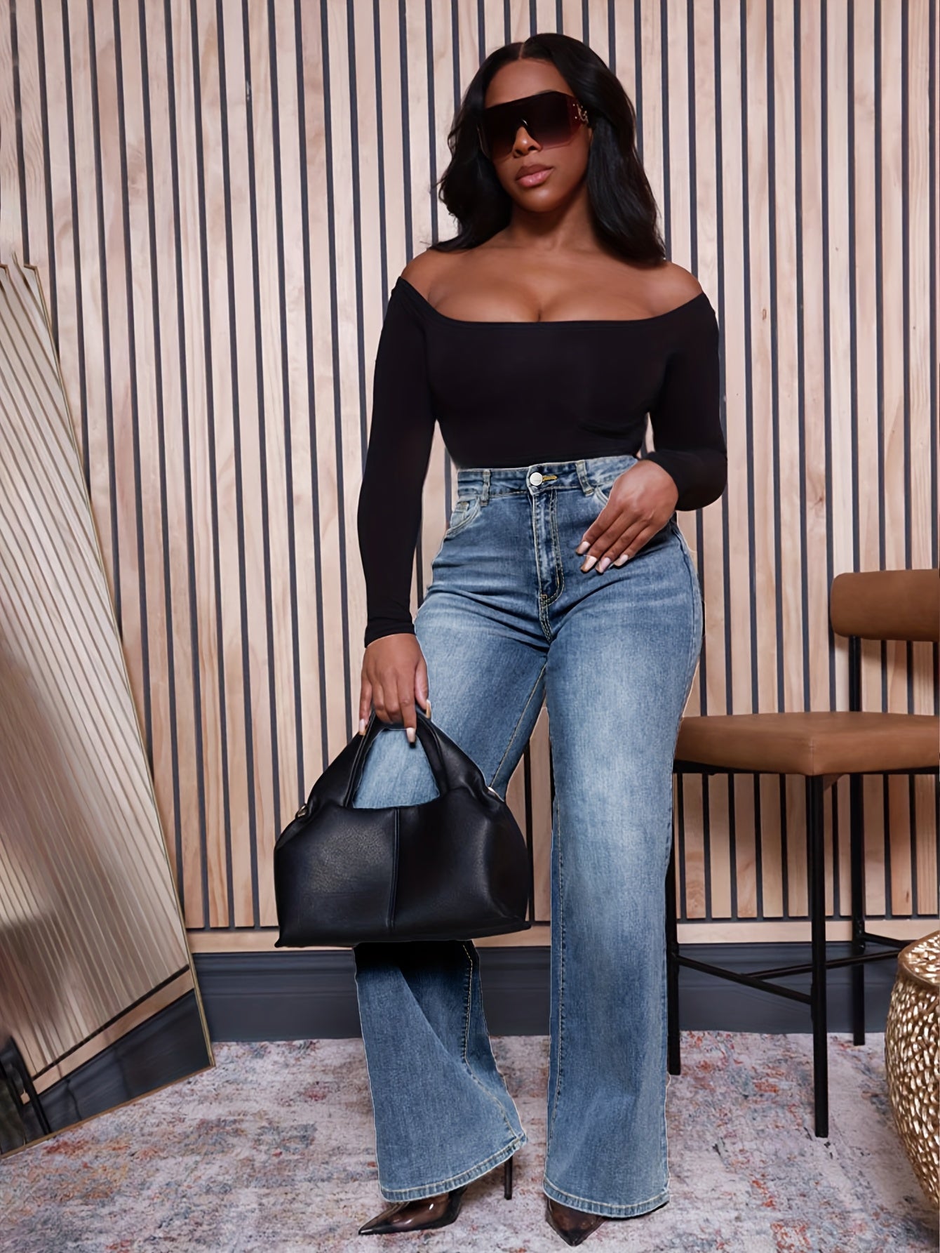 Women's Plus Size Wide Leg Denim Jeans Stretch Washed Blue Casual Pants