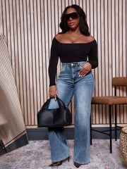 Jeans de mezclilla de talla grande para mujer con pierna ancha, lavado azul, pantalones casuales