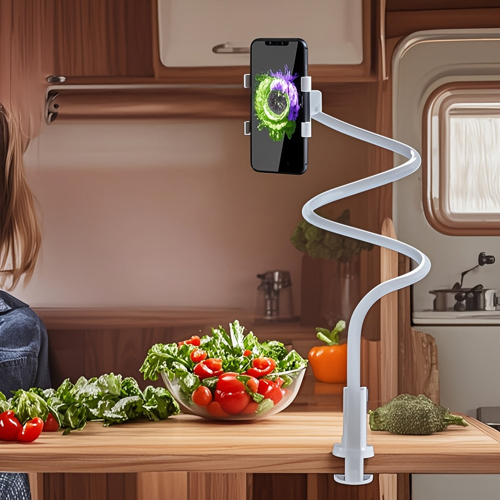 360° Rotating Phone and Tablet Holder Stand with Gooseneck Clamp and Spiral Base