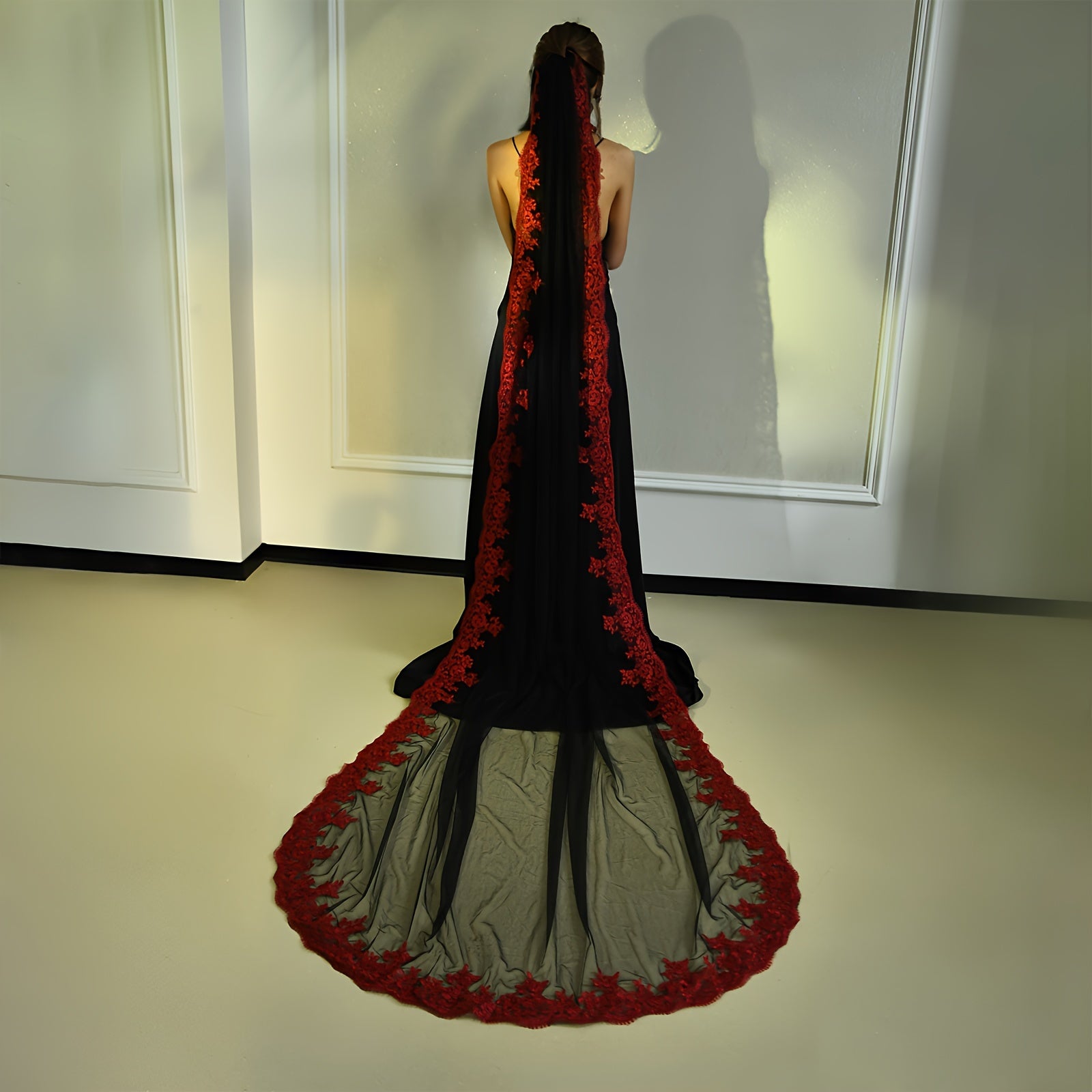 Bridal Veil with Comb 3m Long Black Burgundy Embroidered Wedding Accessory