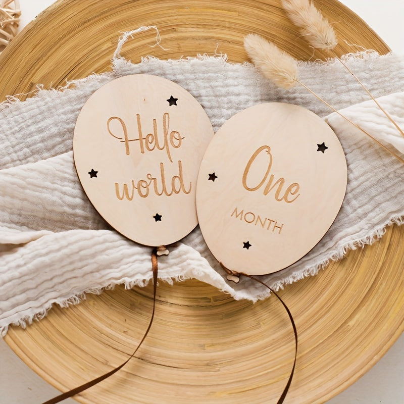 Set of Wooden Milestone Cards Light Brown Balloon Design for Baby First Year