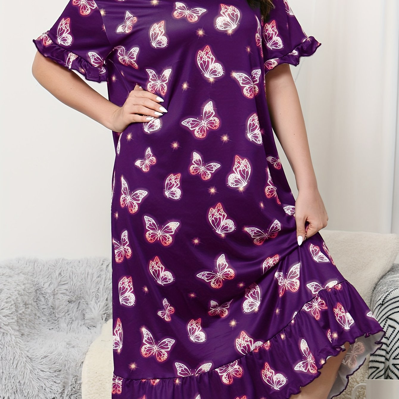 Plus Size Women's Butterfly Print Sleep Dress Short Sleeve Nightgown Loungewear