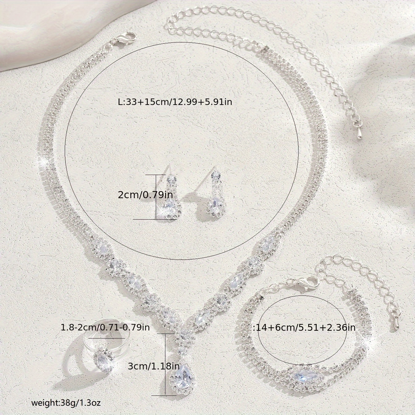 Set of 5 Silver-Plated Bridal Jewelry Water Drop Rhinestone Necklace Bracelet Earrings Ring for Weddings