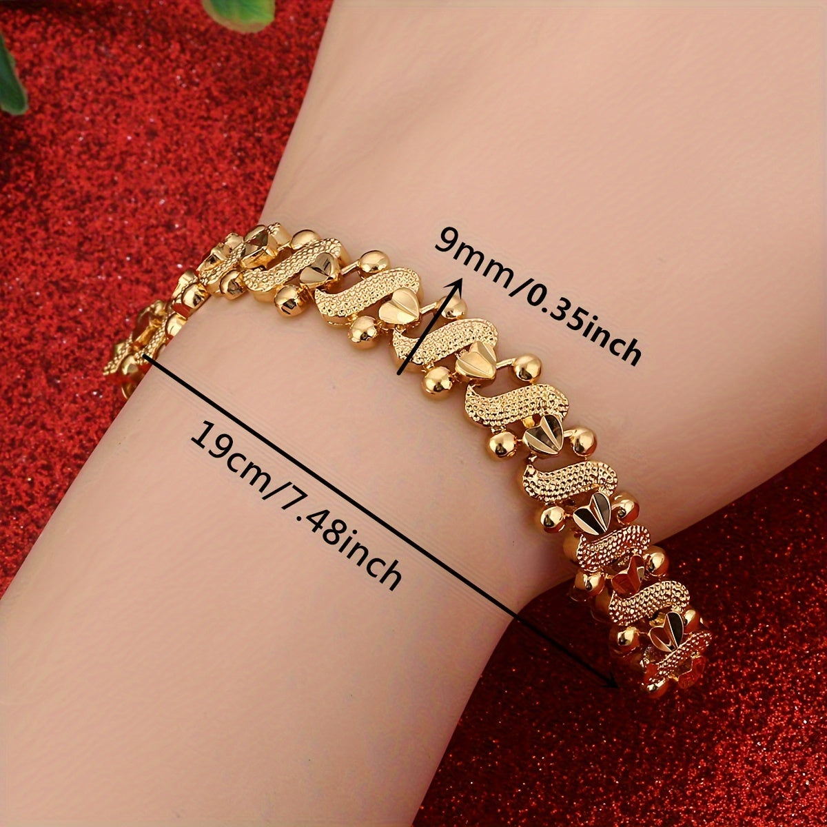 24K Gold Plated Heart Charm Bracelet for Women Boho Alloy Jewelry All Seasons
