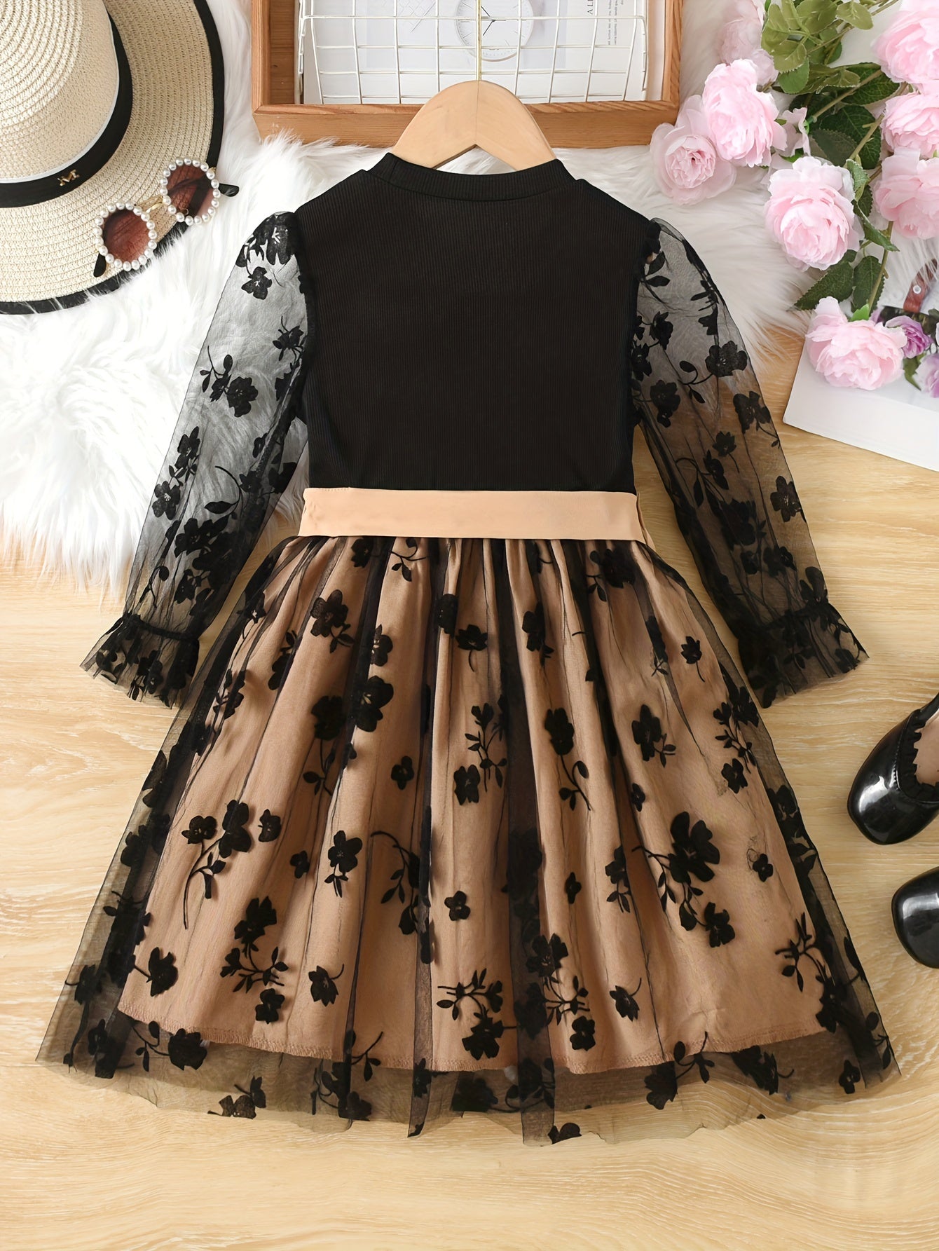 Girls' Floral Mesh Dress Long Sleeve Fall Casual with Belt