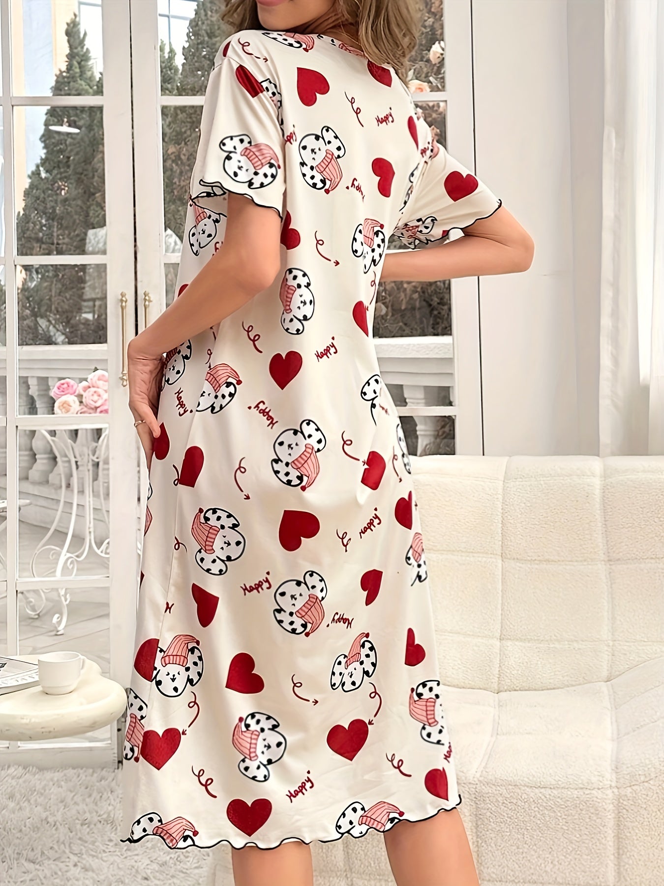 Women's Cozy Pajama Dress with Spotted Dog and Heart Print Short Sleeve Round Neck Soft Polyester Blend