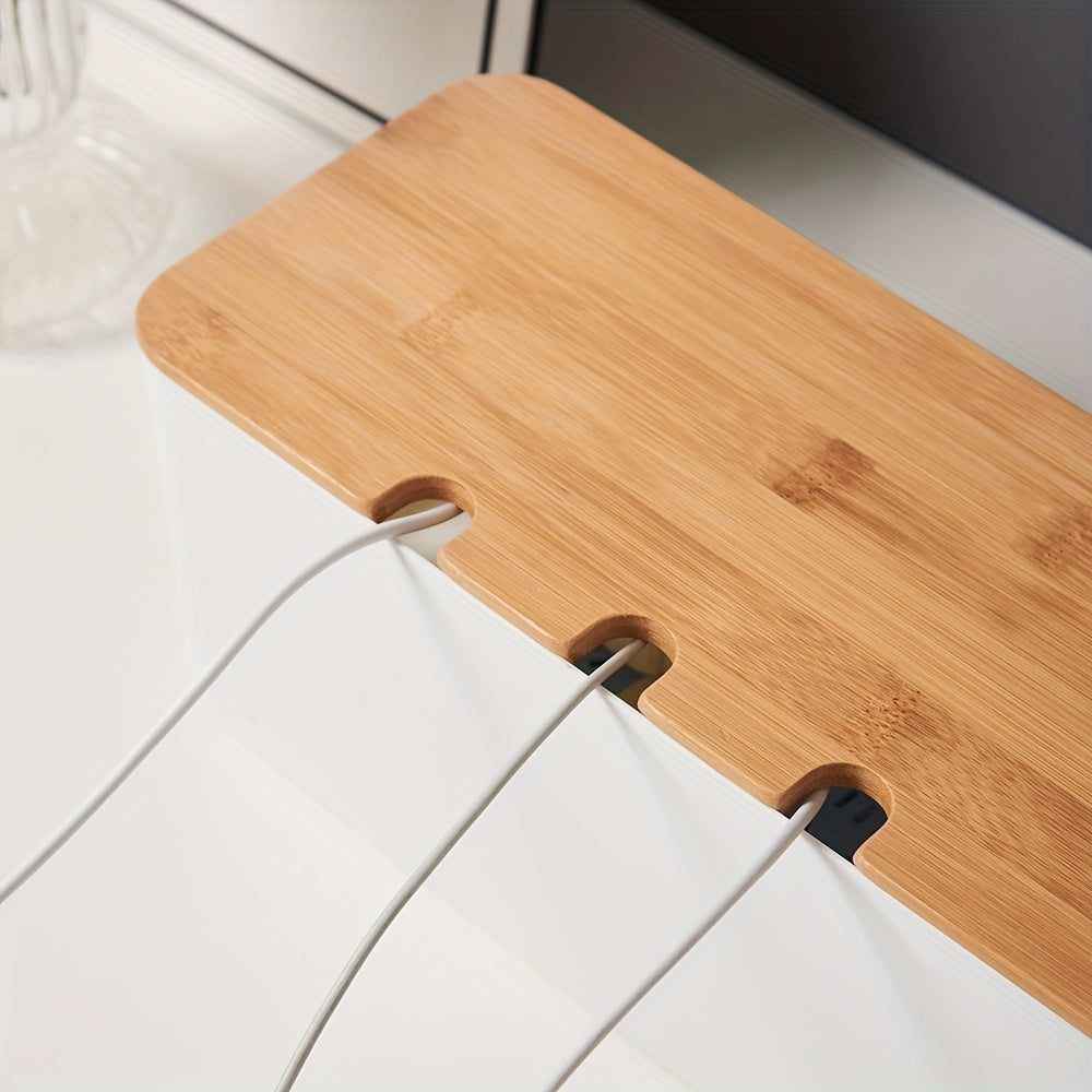 Caja de almacenamiento de escritorio con tapa de madera de bambú para organización de cables y maquillaje