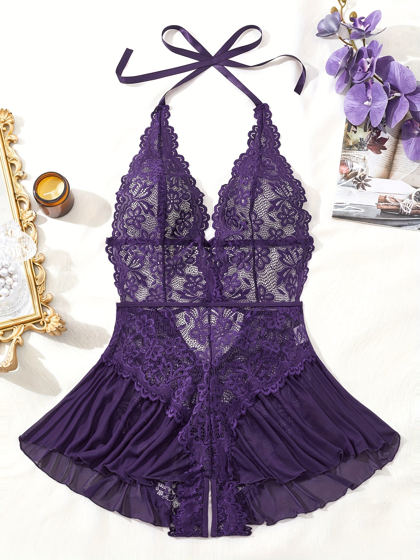 Women's Lace Open Back Deep V Bodycon Dress Dark Purple See-Through