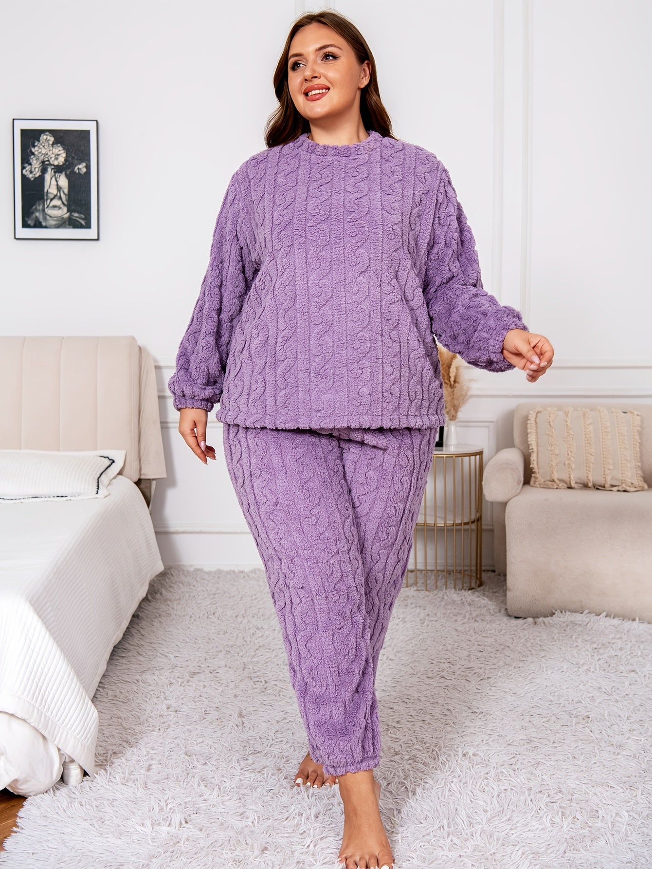 Women's Plus Size Fleece-Lined Flannel Pajama Set Long Sleeve Pants