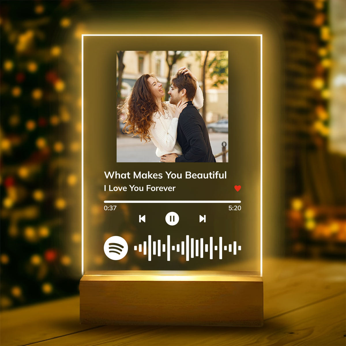 Custom Acrylic Night Light with Photo and Song Frame on USB-Powered Wooden Base