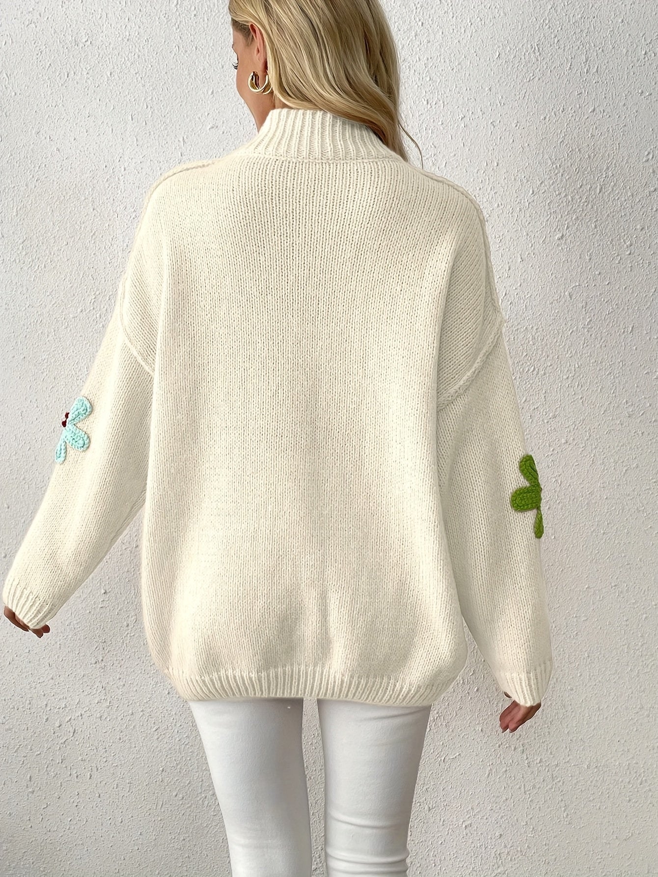 Plus Size Floral Applique Knit Sweater Casual Long Sleeve High Neck Top