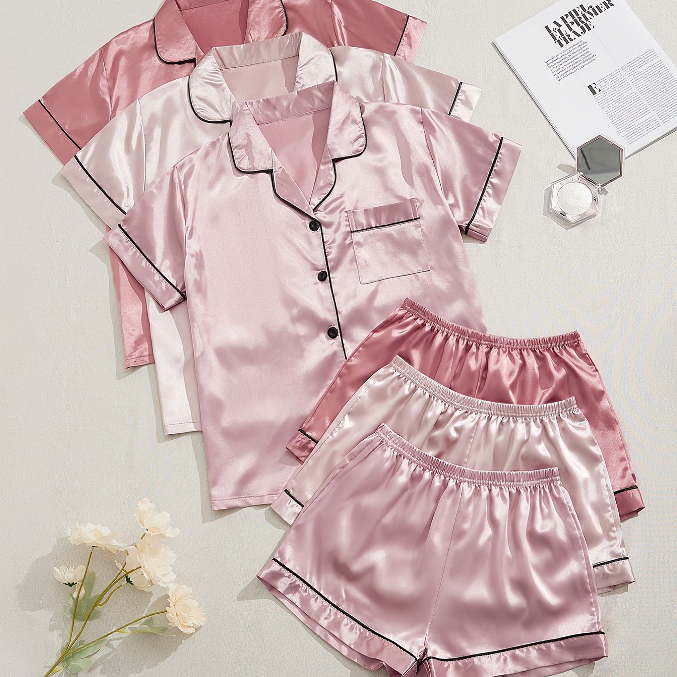Women's Satin Pajama Set Short Sleeve Top and Elastic Waist Shorts Sleepwear Lounge Wear