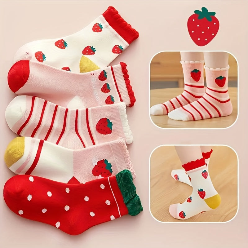 Children's Socks 5 Pairs Breathable Strawberry Style Knit Fabric Multicolor