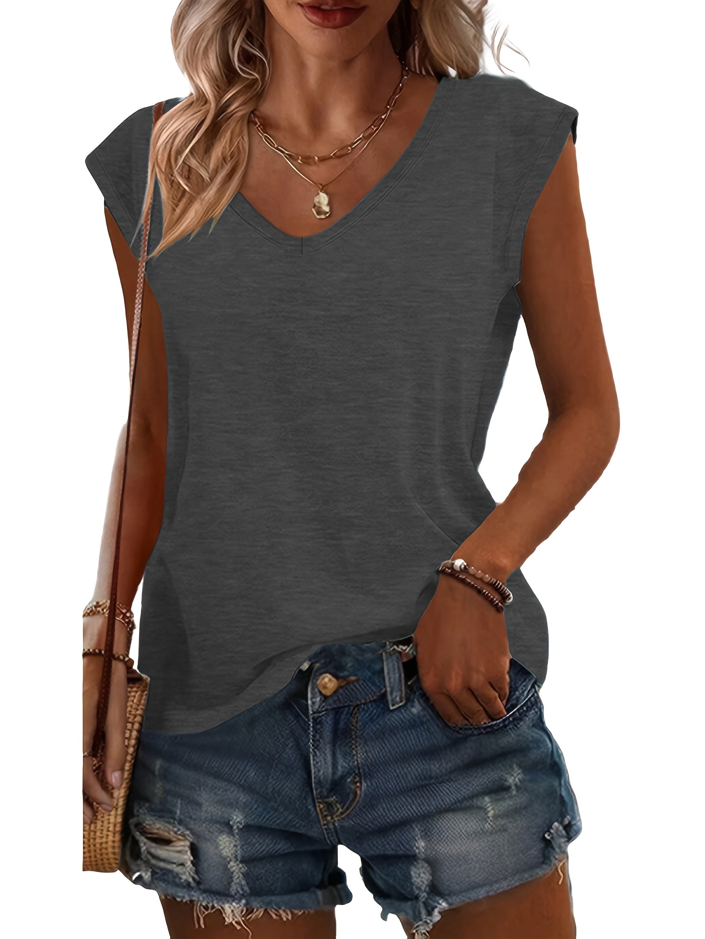 Women's Casual Solid Color V-Neck T-Shirts, Short Sleeve, Loose Fit, 3 Pack