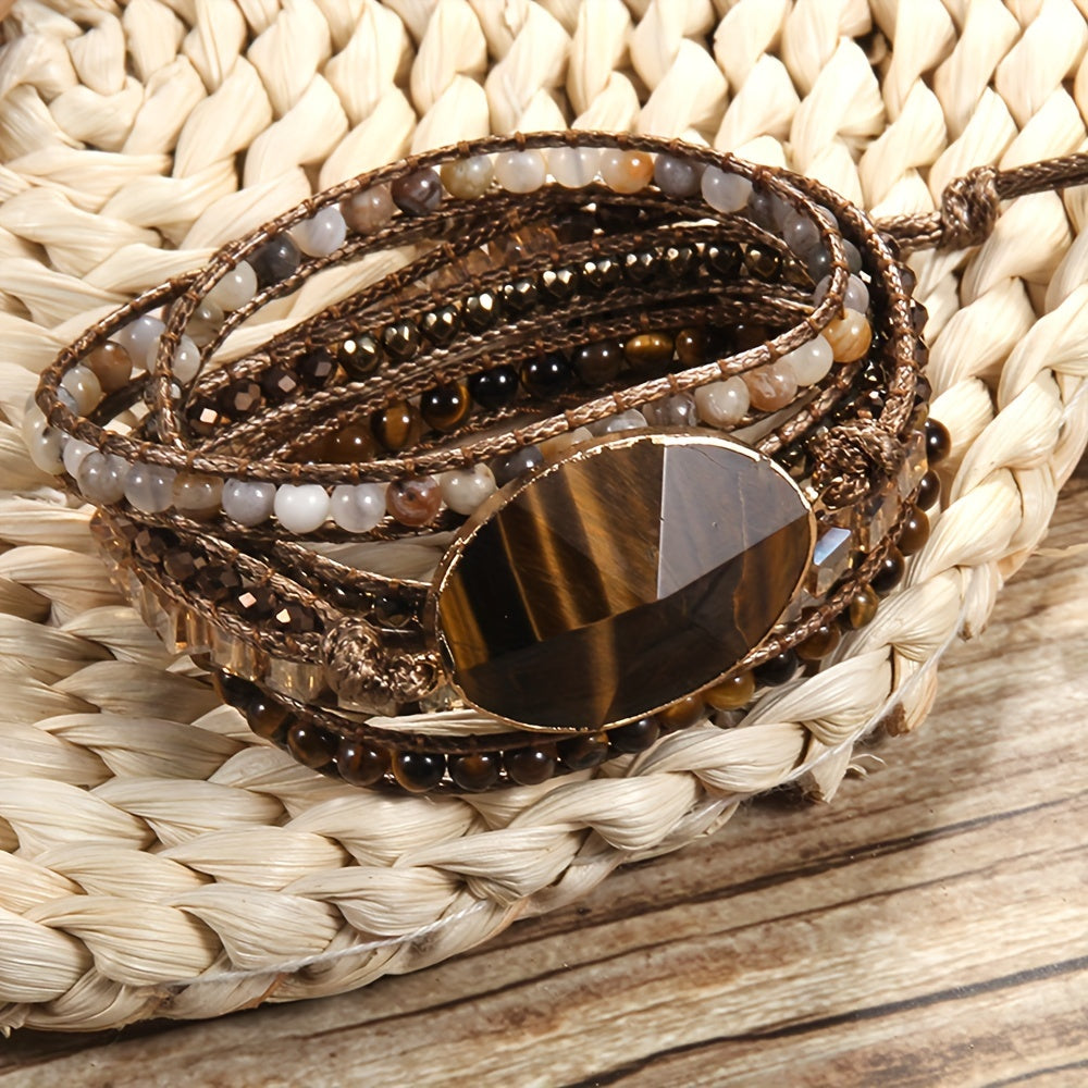 Pulsera ajustable bohemia de vacaciones con cuentas de piedra natural, hematita de vidrio, 5 hilos, corazón naranja, conexión gris