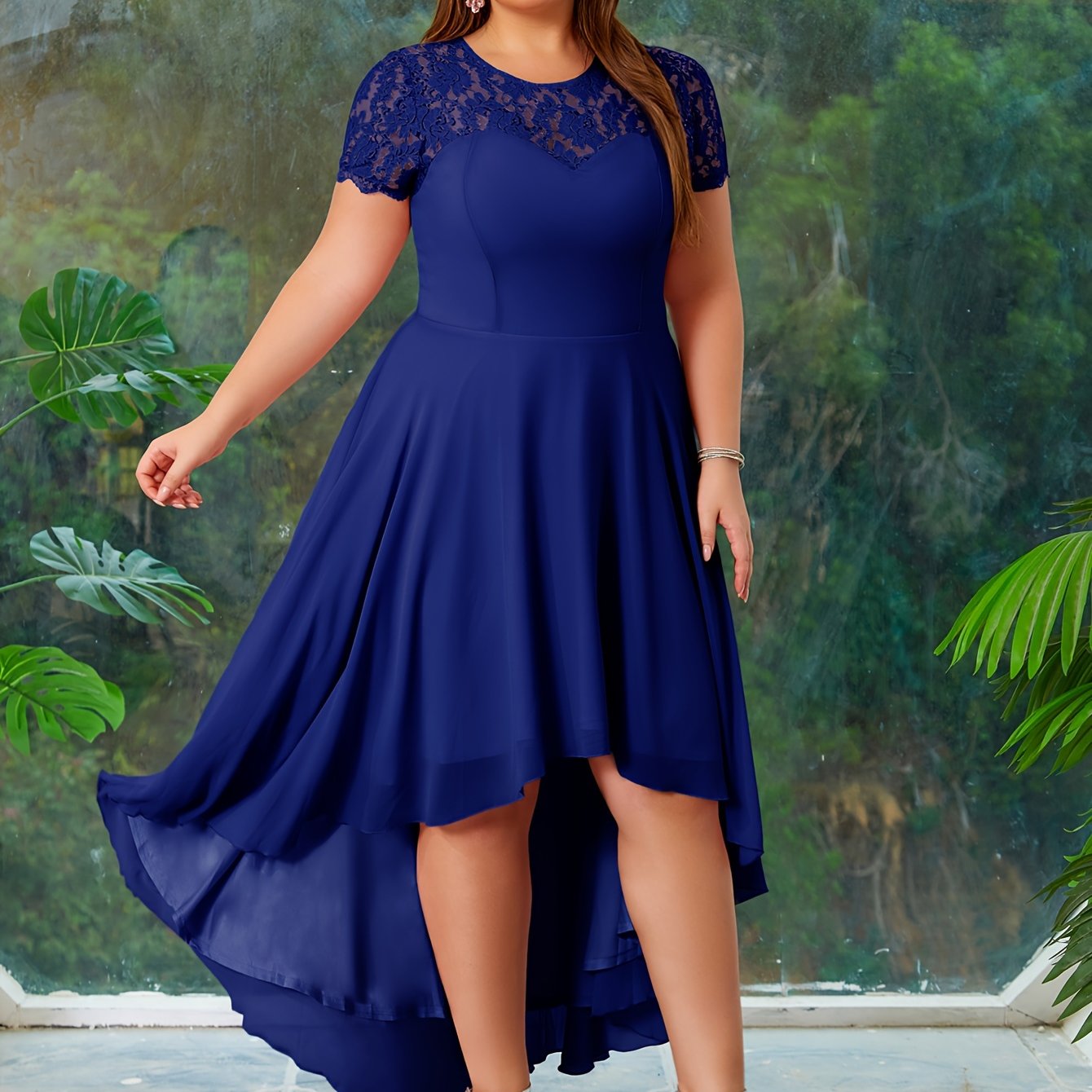 Plus Size Bridesmaid Dress Chiffon Flared Short Sleeve Crew Neck
