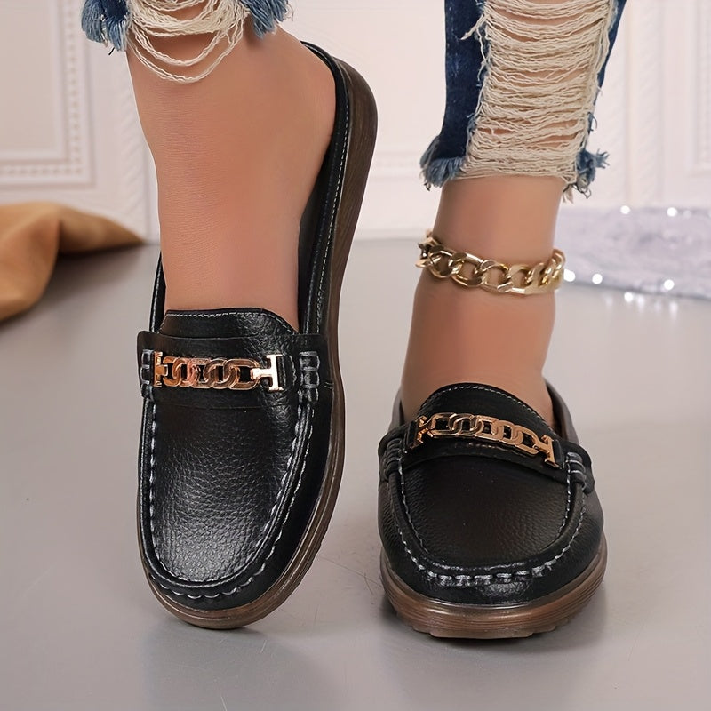 Women’s Fashion Mules Slip-Resistant Flats with Metallic Buckle in Beige Black Blue