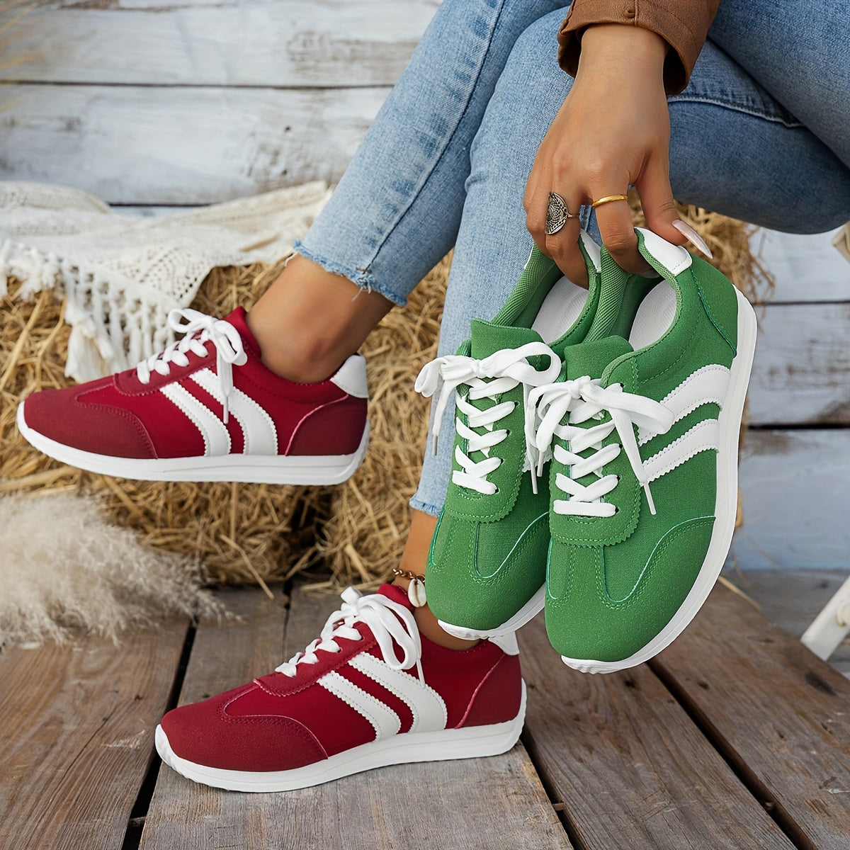 Women’s Casual Breathable Fabric Sneakers Low-Top Running Shoes Red White
