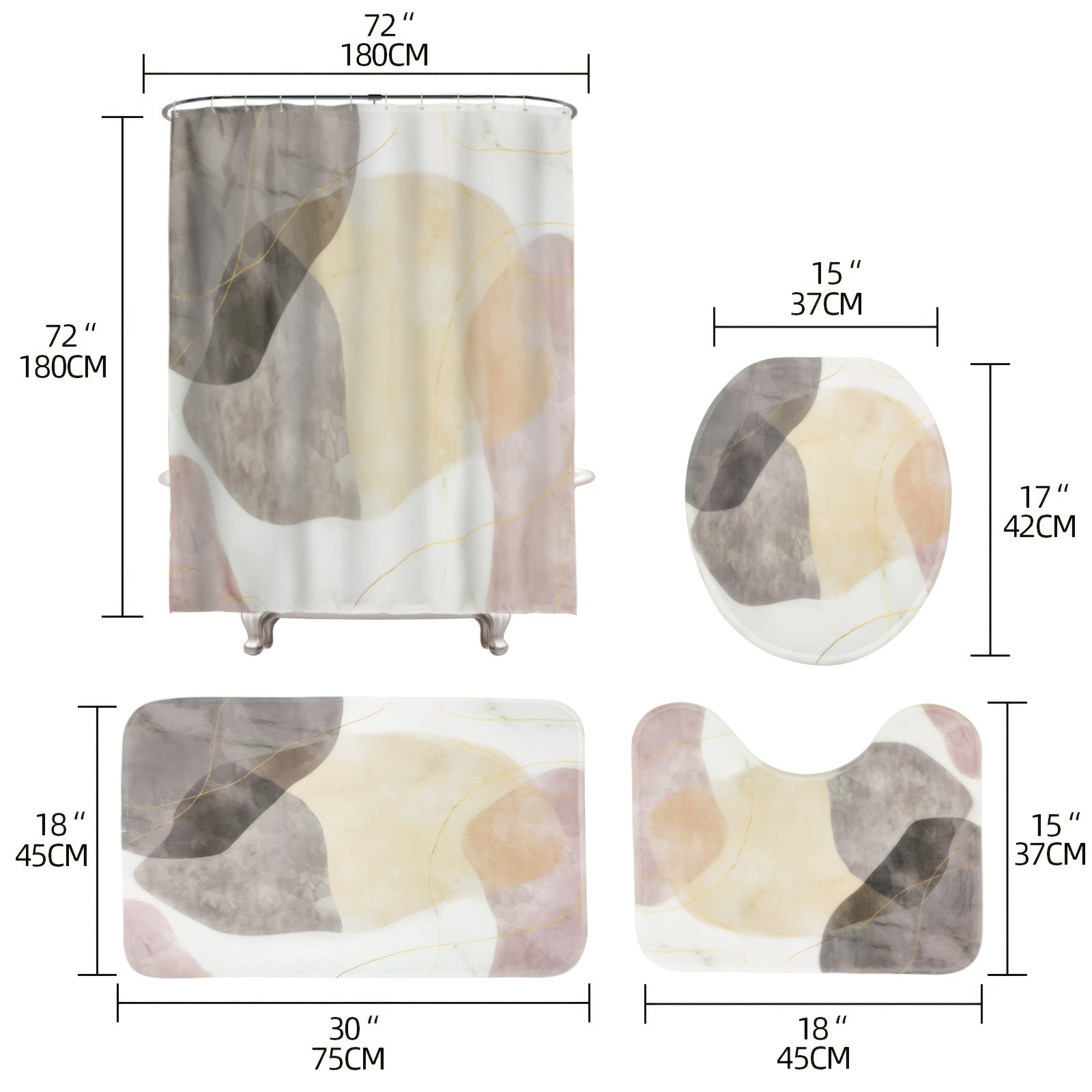 Hojatxona dekoratsiya to'plami, dush pardasi, gilam, vannaga mato, tualet qopqog'i va 12 ta ganch bilan