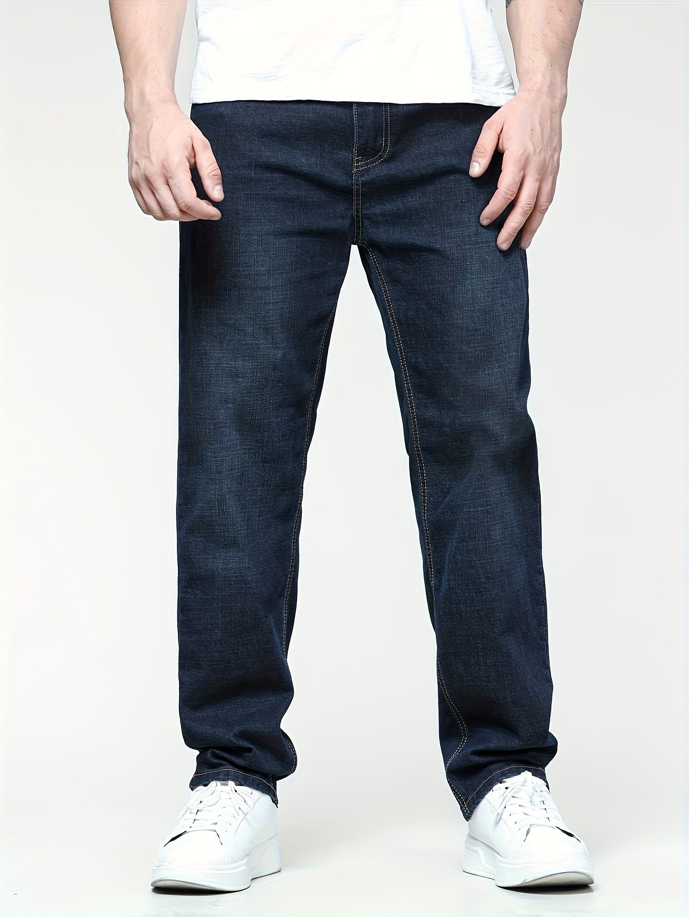 Men's Solid Denim Pants Regular Fit All-Season Plus Sizes for Spring and Fall