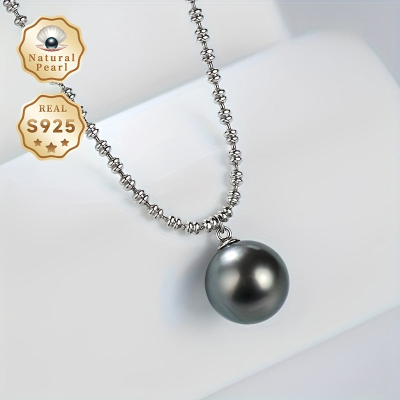 Vintage-Inspired Black Pearl Pendant Necklace for Women 10-11mm Sea Pearls S925 Silver Chain Gift
